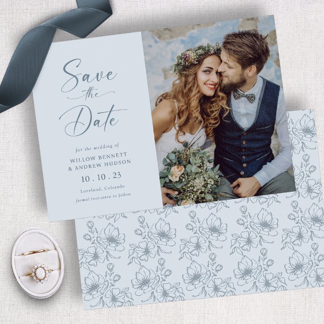 Reserva La Fecha Azul Polvoriento Floral (Dusty Blue Floral Save The Date
)
