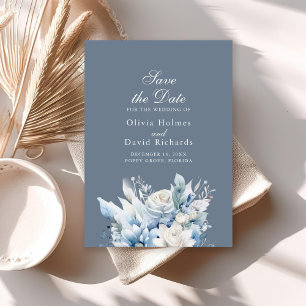Reserva La Fecha Azul Polvoriento Floral Save the Date Elegante Ver