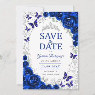 Reserva La Fecha Azul Real Floral de Plata Quinceanera