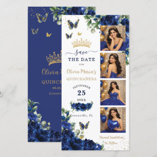 Reserva La Fecha Azul Real Floral Dorado Cabina de Fotos Quinceañer