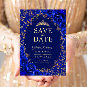 Reserva La Fecha Azul Real Floral Quinceañera en Dorado