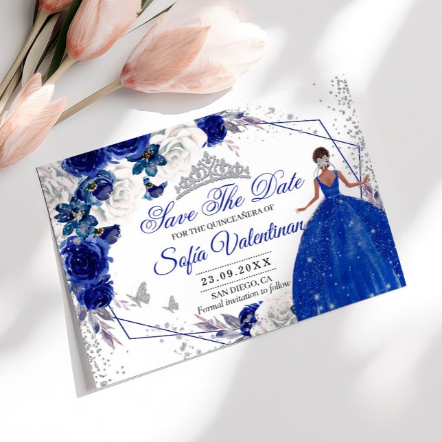 Reserva La Fecha Azul Real Plata Brillo Quinceañera Princesa (Subido por el creador)