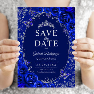 Reserva La Fecha Azul Real Quinceañera Floral Plateada