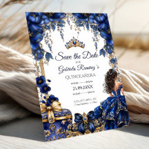 Azul Real Tiara Floral Dorada Quinceañera