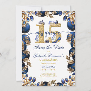 Reserva La Fecha Azul Real Tiara Floral Dorada Quinceañera