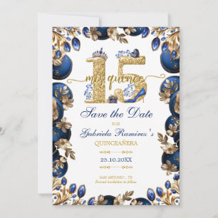 Reserva La Fecha Azul Real Tiara Floral Dorada Quinceañera