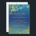 Reserva La Fecha Azul Turquesa con Degradado y Floritura Dorada Fot<br><div class="desc">Tarjeta azul turquesa ombre' de "Save the Date" para boda acentuada con elegantes y divertidos remolinos y florituras doradas. Personalizada con tu información en el anverso y tu foto en el reverso. Contáctame para obtener ayuda con tus personalizaciones o para solicitar productos Zazzle adicionales que coincidan o coordinen con esta...</div>