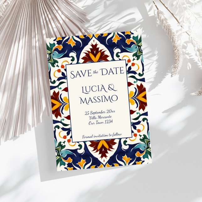 Reserva La Fecha Azulejo azul Mediterráneo portugués ornamentado (Azulejo blue Portuguese Mediterranean wedding ornate vintage bohemian tiles Save The Date)
