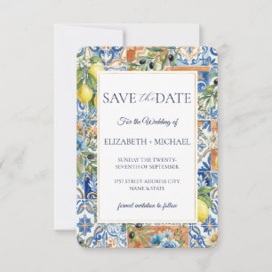 Reserva La Fecha Azulejo de limón mediterráneo floral cítrico azul