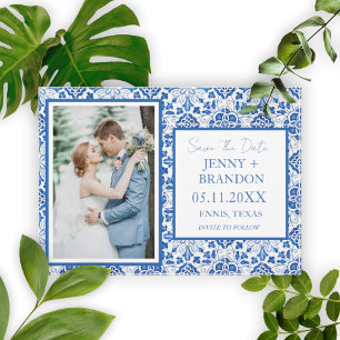 Reserva La Fecha Azulejos portugueses azul blanco foto boda