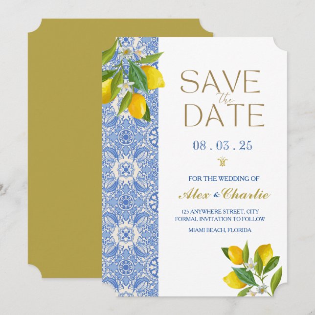 Reserva La Fecha Azulejos "Save the Date" y limones Mediterráneo (Anverso / Reverso)