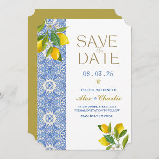 Reserva La Fecha Azulejos "Save the Date" y limones Mediterráneo