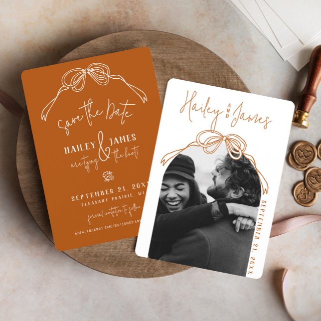 RESERVA LA FECHA B (Rustic boho terracotta burnt orange hand drawn bow modern arch photo classy wedding save the date)