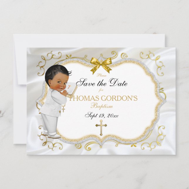 Reserva La Fecha Baby Boy Baptism Save Date White Gold Cross (Anverso)