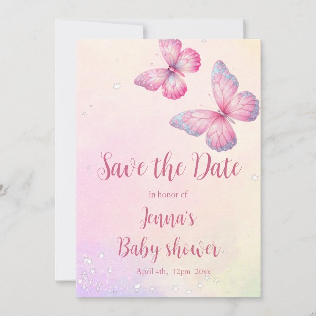 Reserva La Fecha Baby Shower de código QR de mariposa rosa (Anverso)