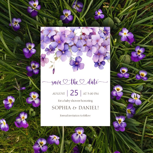 Reserva La Fecha Baby Shower De Flores Violetas Delicadas De Primav (Spring Delicate Violet Flowers Baby Shower Save The Date)