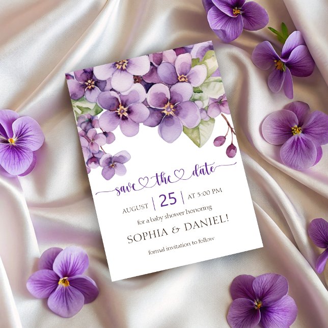 Reserva La Fecha Baby Shower De Flores Violetas Delicadas Moradas D (Summer Purple Delicate Violet Flowers Baby Shower Save The Date)
