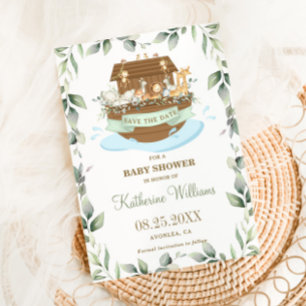 Reserva La Fecha Baby Shower Neutral de Noah's Ark Animals Greenery