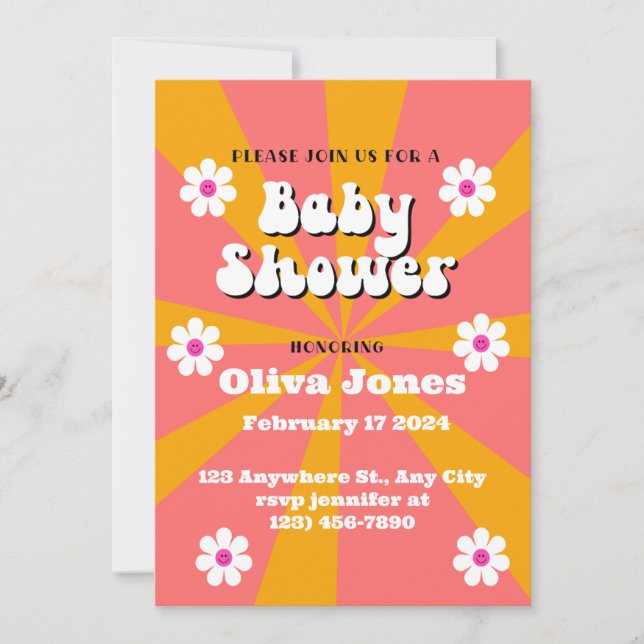 Reserva La Fecha Baby Shower retro naranja y rosa Groovy (Anverso)
