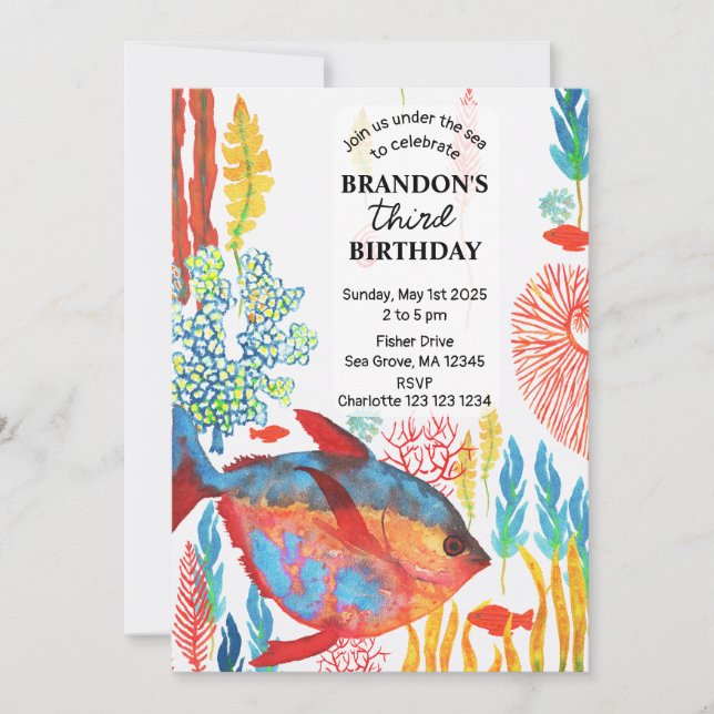 Reserva La Fecha Bajo el mar Océano Animal acuarela cumpleaños (Anverso)