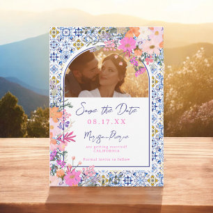 Reserva La Fecha Baldosas azules italianas acuarela boda floral
