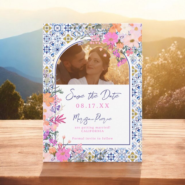 Reserva La Fecha Baldosas azules italianas acuarela boda floral (Italian blue tiles watercolor floral wedding save the date)