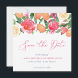 Reserva La Fecha Baldosas españolas vibrantes cítricos Naranjas ros<br><div class="desc">Kumquats y cítricos de moda acentuados por brillantes contrastes florales rosados para estas tarjetas Save The Date de tendencia. El diseño inverso se toma de un diseño de Azulejo vintage (azulejos blancos azules).</div>