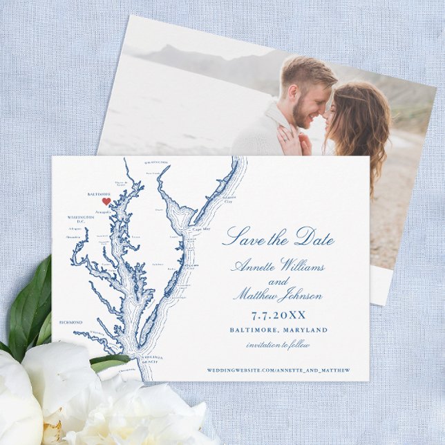 Reserva La Fecha Baltimore Boda Maryland Mapa azul elegante de la M (Baltimore Maryland Map Save the Date for an Elegant Navy Blue Chesapeake Bay Wedding)