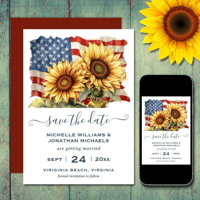 Reserva La Fecha Bandera Patriótica Americana Boda del Girasol (Printed (front and back) and Digital Patriotic American Flag Sunflower Wedding Save The Date)