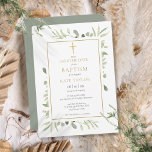 Reserva La Fecha Baptismo Christening Watercolor Greeneration<br><div class="desc">Con delicadas hojas de acuarela y un elegante crucifijo de oro,  este bautismo o bautizo neutro de moda para guardar la invitación a la fecha puede ser personalizado con su información especial,  con un fondo de sabio plateado al revés. Diseñado por Thisisnotme©</div>
