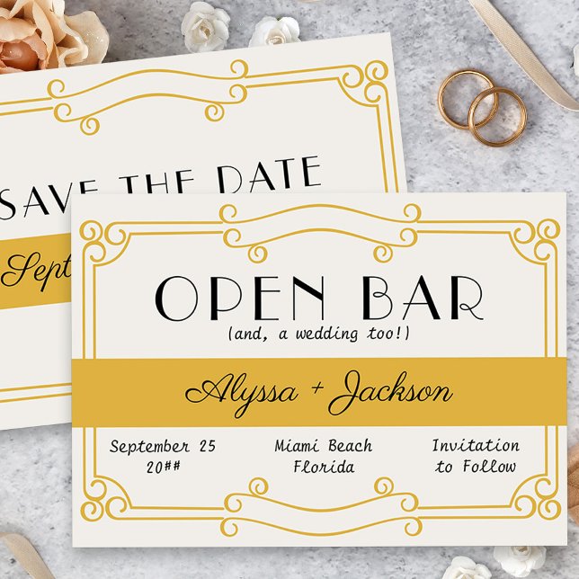 Reserva La Fecha Bar abierto Art Deco Ochre Amarillo y Gris (Vintage Yellow Wedding Save the Date Card)