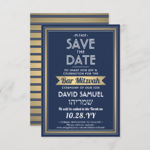 Reserva La Fecha Bar de nombres hebreos Mizvah Navy Blue White Faux