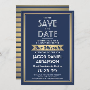 Reserva La Fecha Bar Mitzvah Marina moderna Blue White Faux Gold