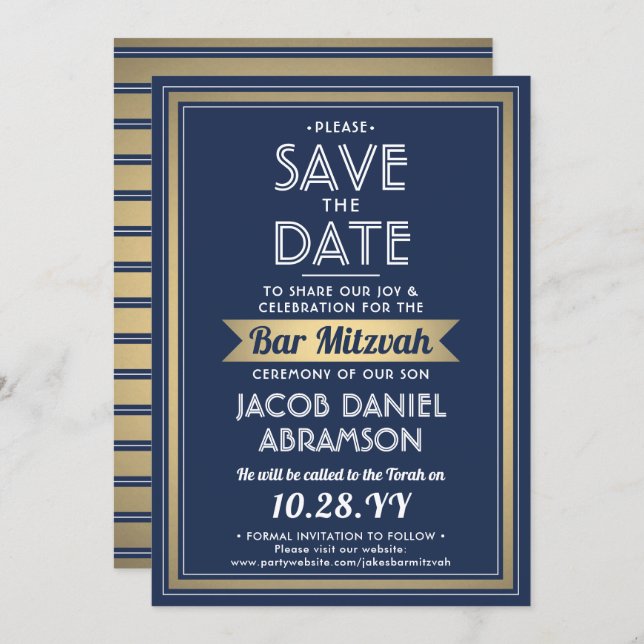 Reserva La Fecha Bar Mitzvah Marina moderna Blue White Faux Gold (Anverso / Reverso)