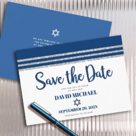 Reserva La Fecha Bar Mitzvah Moderno Talit Alto Azul Marino Plata E