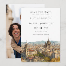 Reserva La Fecha Barcelona Skyline Watercolor Photo Wedding