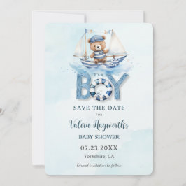Reserva La Fecha Barco azul cúbico Teddy Bear Boy Baby Shower