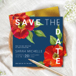 Reserva La Fecha Barco Azul de la Marina Mitzvah Red Floral Waterco<br><div class="desc">¡Asegúrate de que todos tus amigos y parientes puedan celebrar el hito de tu hija Bat Mitzvah! Envíe esta moda, impresionante, de color rojo floral con un moderno tipo san serif con fondo azul marino, tarjeta de invitación personalizada "Save the Date". Relieve metalizado de oro falso, acuarela de flores rojas...</div>