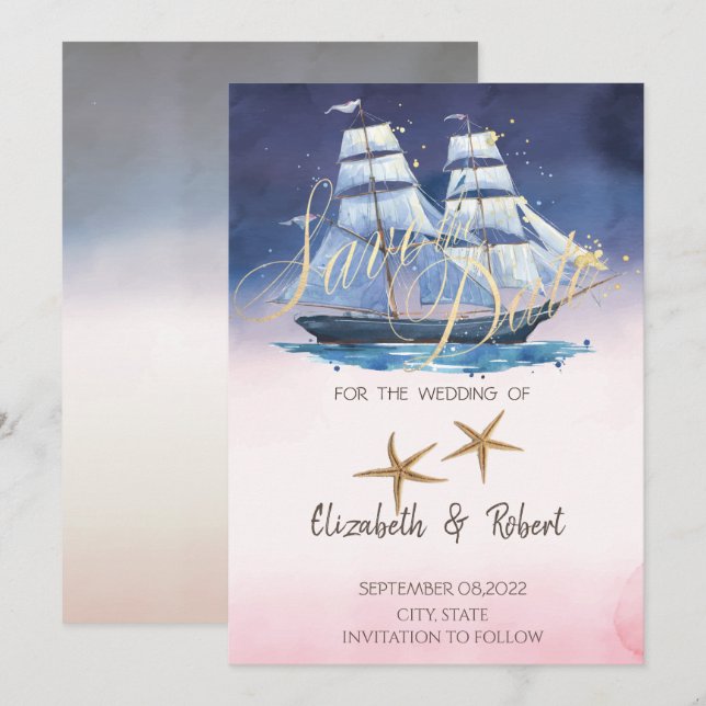 Reserva La Fecha Barco de vela Estrellas de mar  Guarde la fecha (Anverso / Reverso)