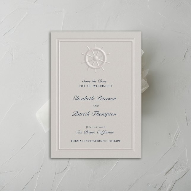 Reserva La Fecha Barco náutico costero Helm Ivory Boda formal (coastal nautical wedding save the date faux embossed boat helm double frame modern classic navy )