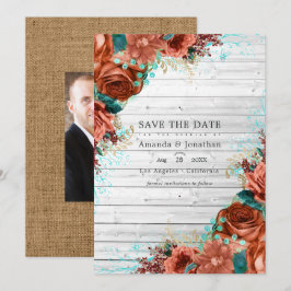 Reserva La Fecha Barn Country Rústico Coral y Floral Nupcial Teal