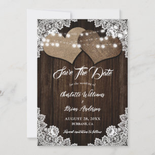 Reserva La Fecha Barn Wood Burlap Corazón Floral Lace Country Weddi