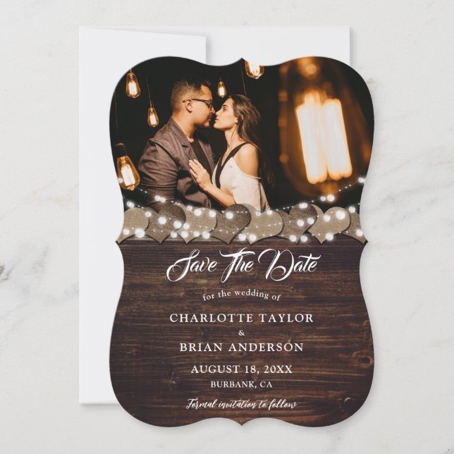 Reserva La Fecha Barn Wood Burlap Lace String Luces Boda Foto (Anverso)