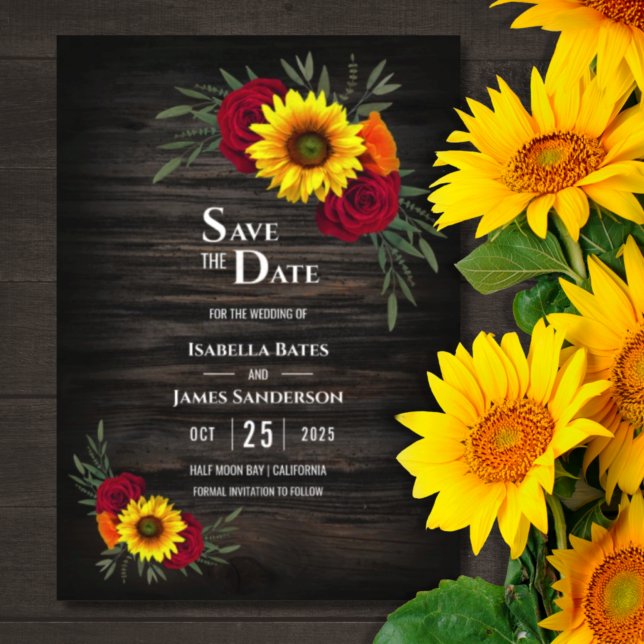 Reserva La Fecha Barn Wood Sunflower Borgoña Rosa Boda Salve El (Subido por el creador)