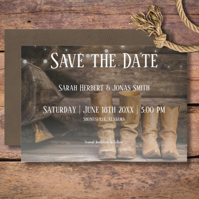 Reserva La Fecha Barn y Boots Rustic Cowboy Boda occidental (Rustic Boots for Two Cowboy Wedding Save The Date)