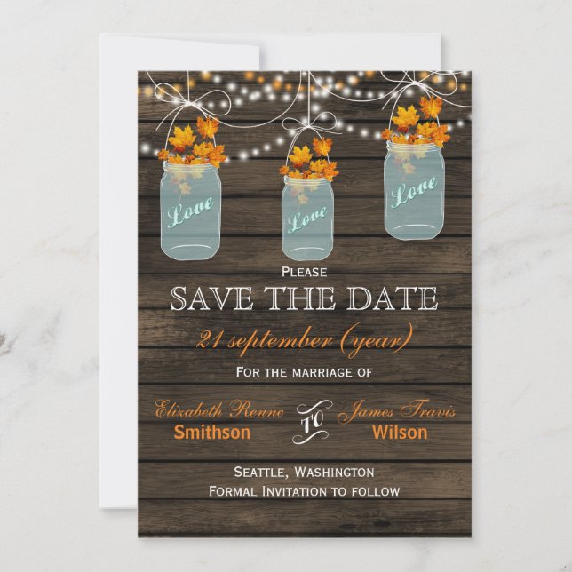 Reserva La Fecha Barnwood mason jars maple fall save date (Anverso)