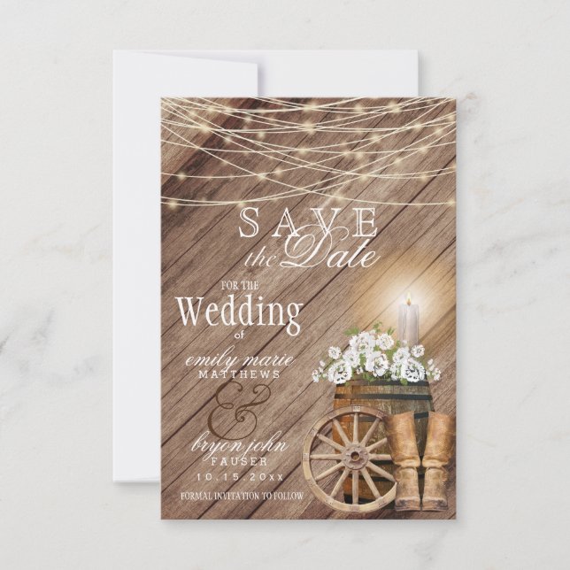 Reserva La Fecha Barril de Madera Rústica y Luces de Cuerda (Anverso)