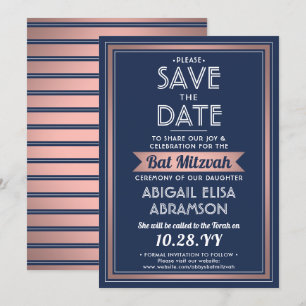 Reserva La Fecha Bat Mitzvah Moderno Azul Marino Rosa Dorado Tenden