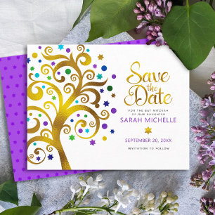 Reserva La Fecha Bat Mitzvah Moderno Negrita Púrpura Dorado Árbol d