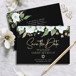 Reserva La Fecha Bat Mitzvah Oro Negro Escritura Acuarela Floral